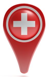 Cross icon on a red color map pointer isolated against white background. 3d illustration